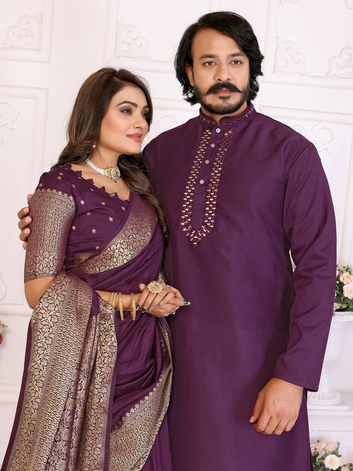 Purple Color Silk Saree with Kurta Couple Combo