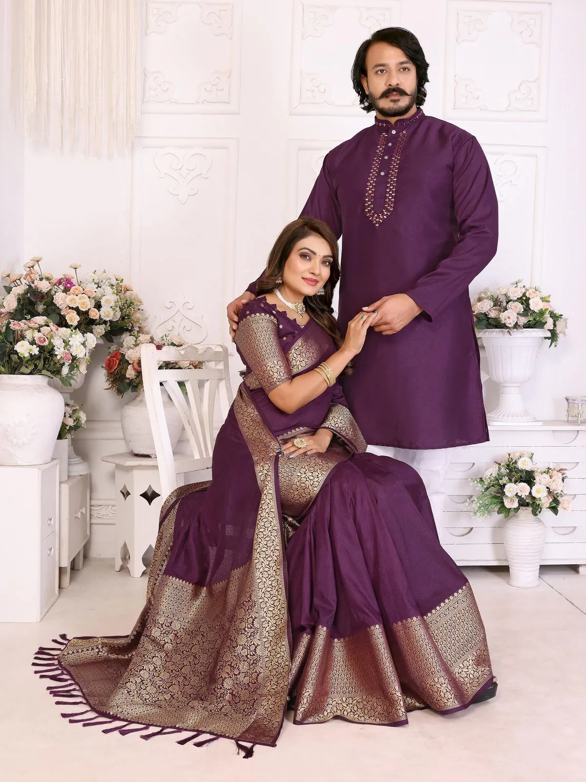 Purple Color Silk Saree with Kurta Couple Combo - Image 2