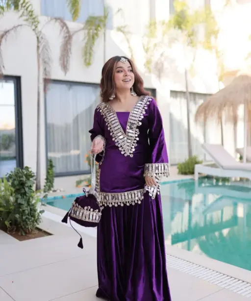 Purple Mirror Work Velvet Co ord Set with Batwa