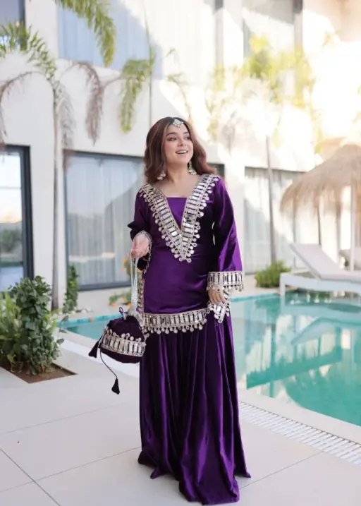 Purple Mirror Work Velvet Co ord Set with Batwa