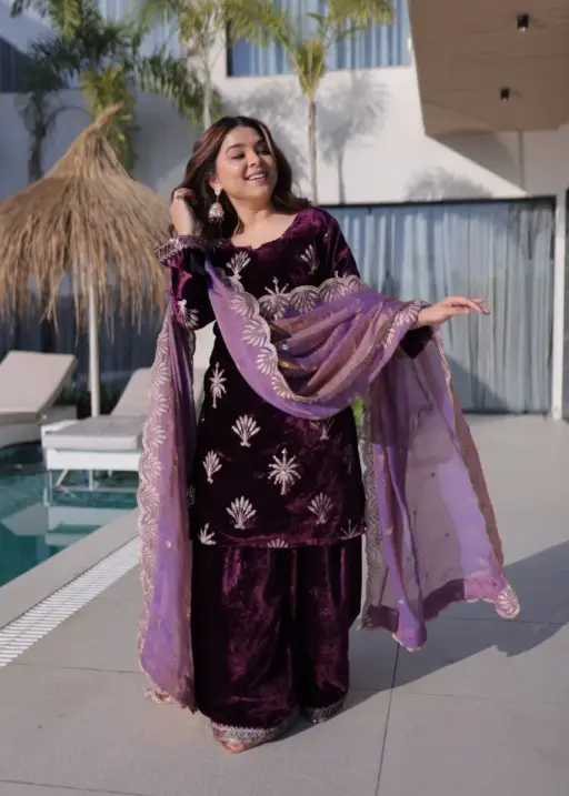 Purple Velvet Sharara Set for Girls