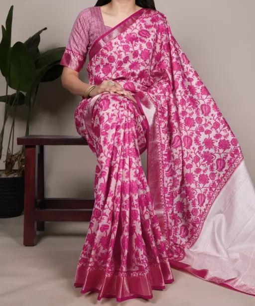 Rani Pink Floral Tassar Silk Saree