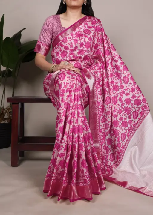 Rani Pink Floral Tassar Silk Saree