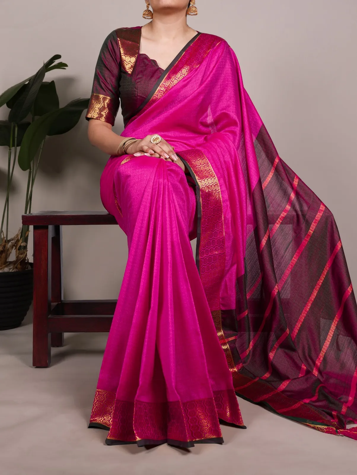 Rani Pink Zari Border Sari South Style