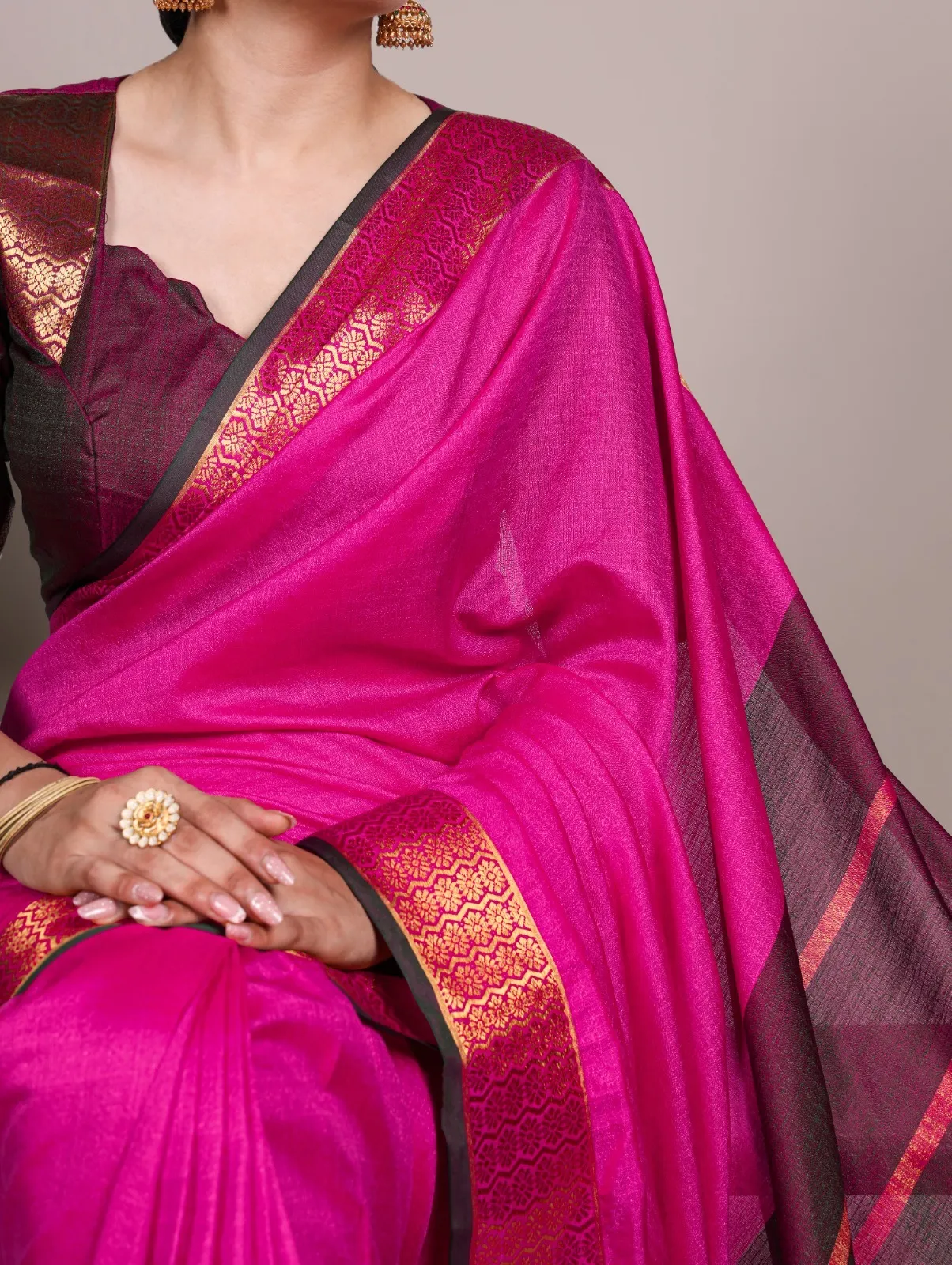 Rani Pink Zari Border Sari South Style - Image 2