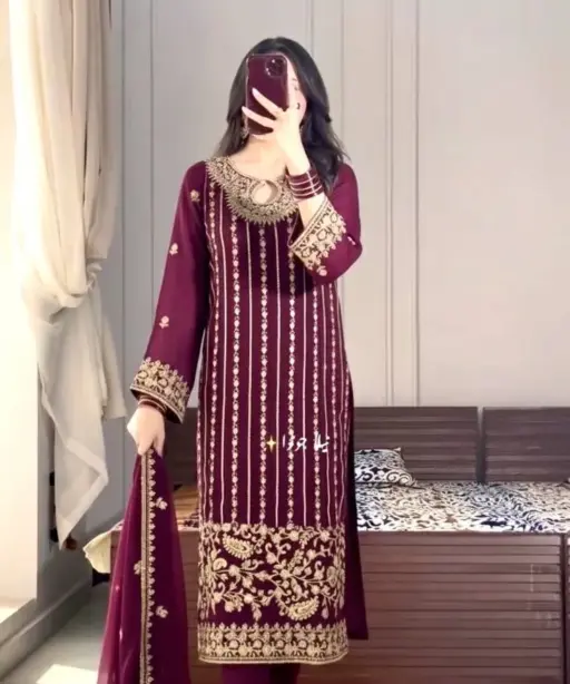Readymade Pakistani Purple Embroidery Pant Suit