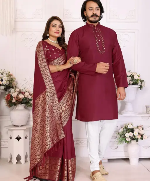 Red Color Silk Saree with Kurta Couple Combo