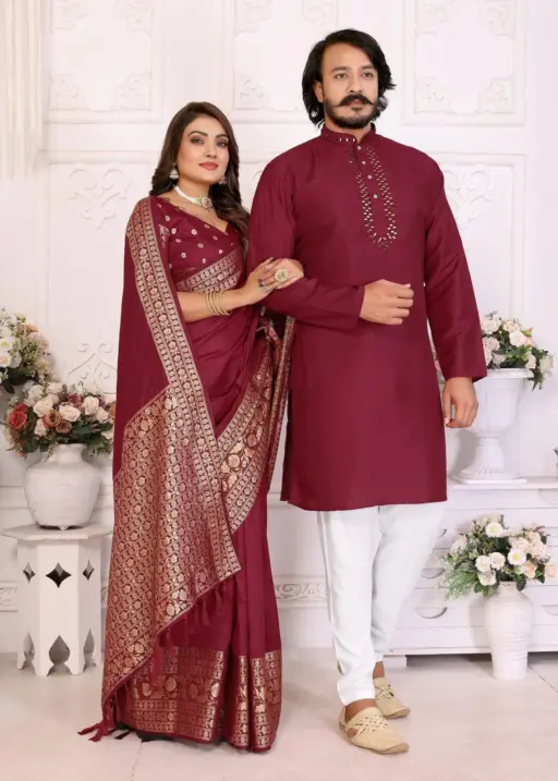 Red Color Silk Saree with Kurta Couple Combo