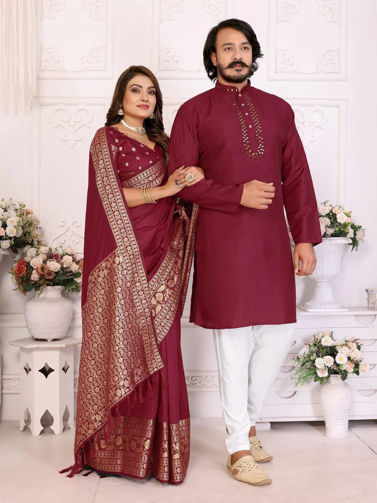 Red Color Silk Saree with Kurta Couple Combo