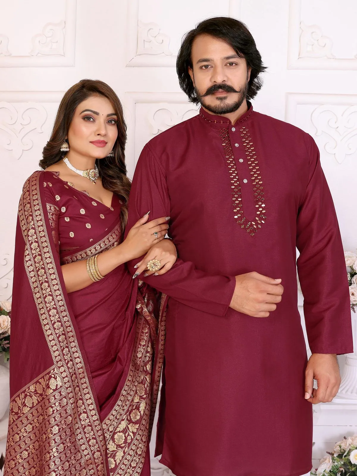 Red Color Silk Saree with Kurta Couple Combo - Image 2