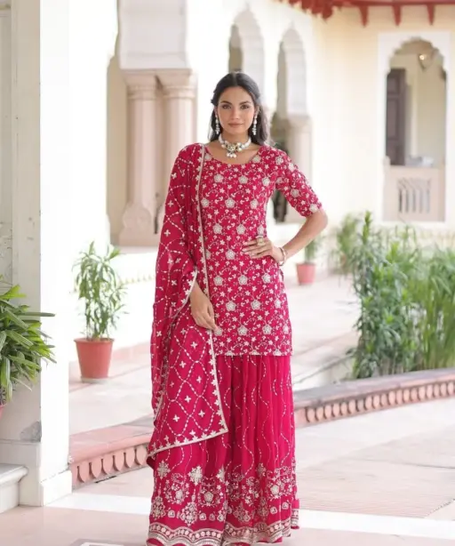 Red Heavy Embroidery Sharara Dress for Wedding Day