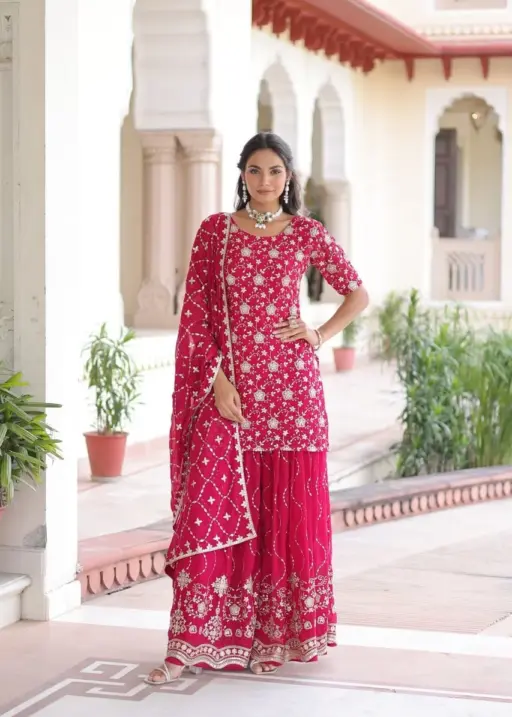 Red Heavy Embroidery Sharara Dress for Wedding Day