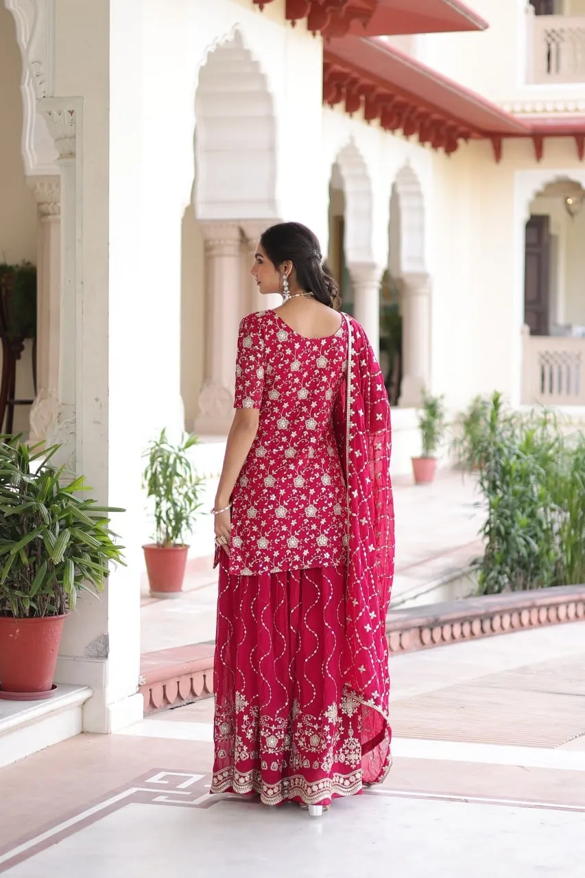 Red Heavy Embroidery Sharara Dress for Wedding Day - Image 3