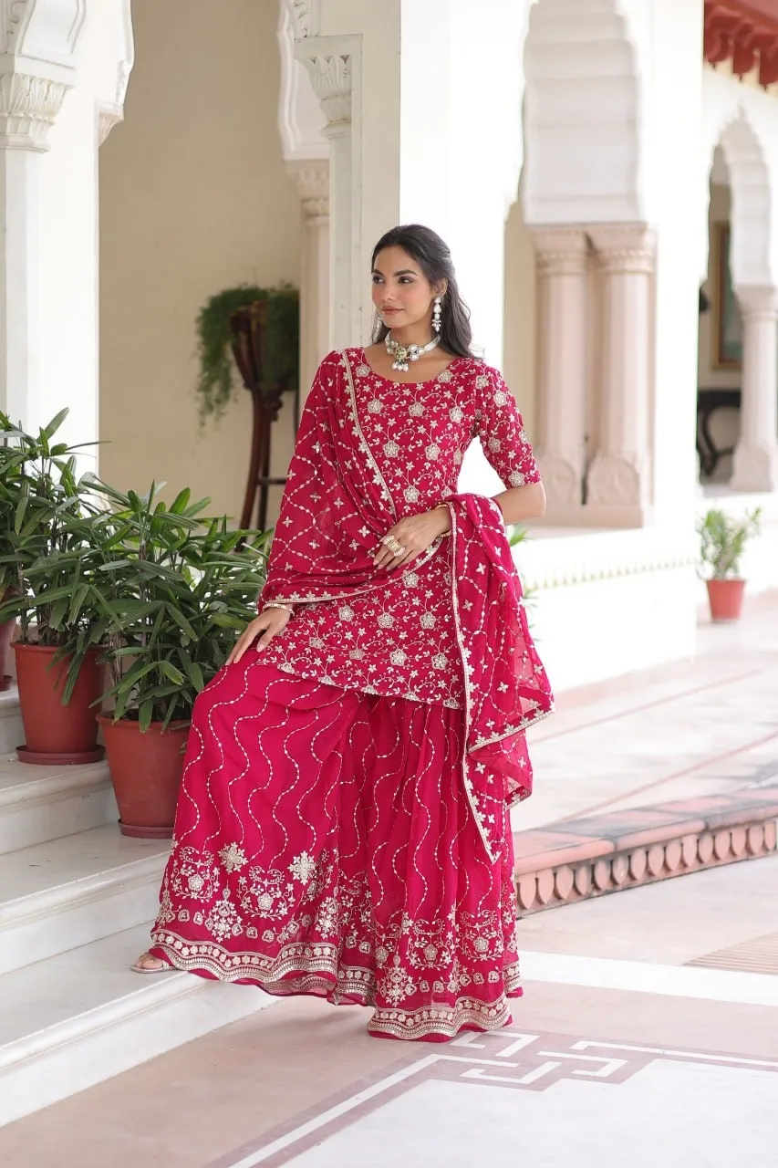 Red Heavy Embroidery Sharara Dress for Wedding Day - Image 4