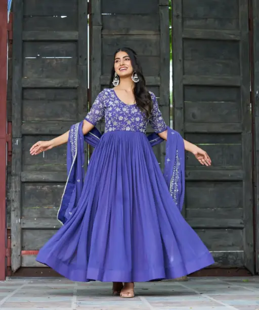 Royal Blue Beads work Gown with Dupatta for Party
