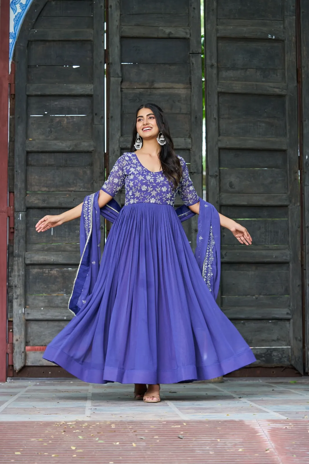 Royal Blue Beads work Gown with Dupatta for Party