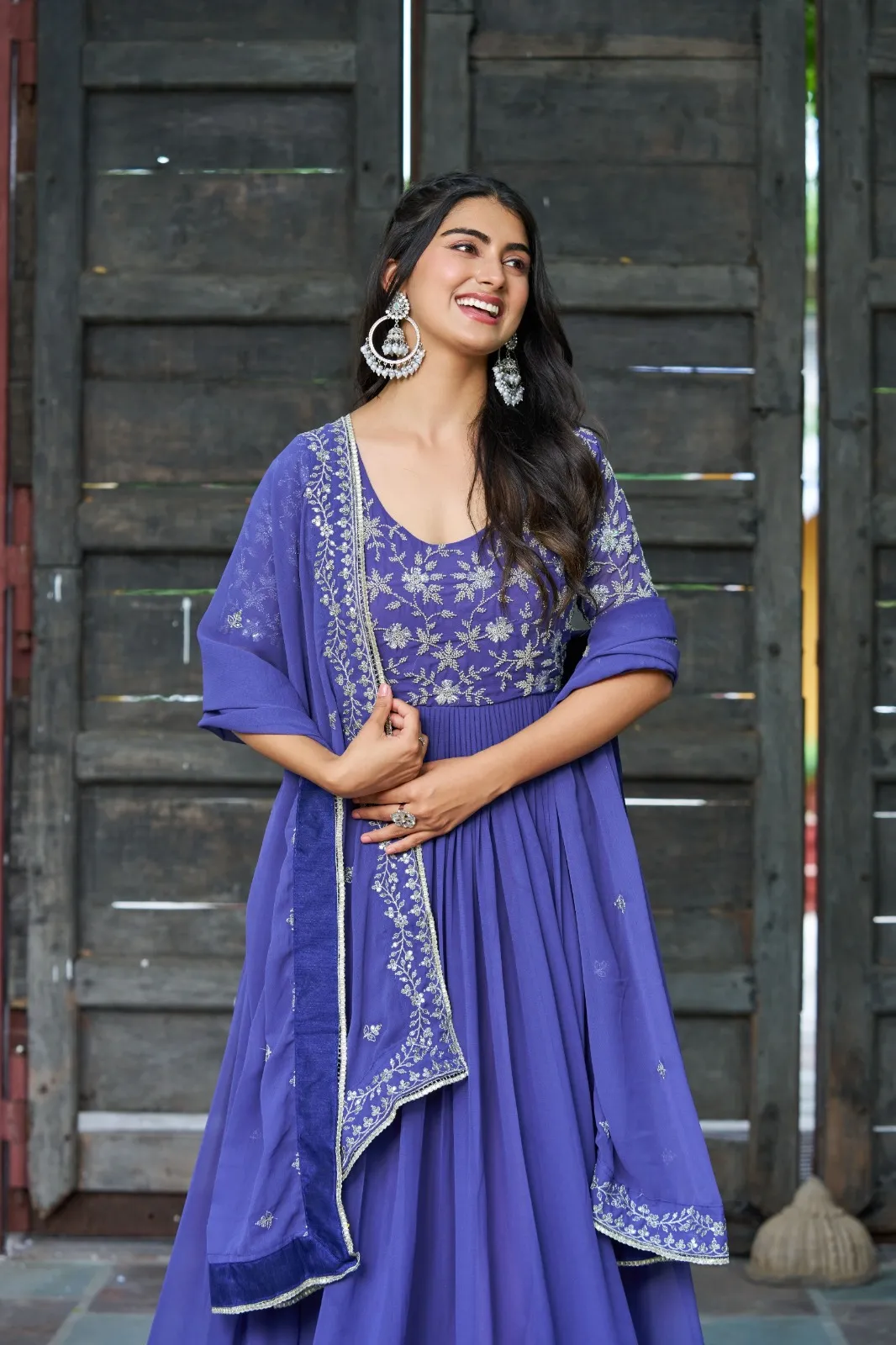 Royal Blue Beads work Gown with Dupatta for Party - Image 2