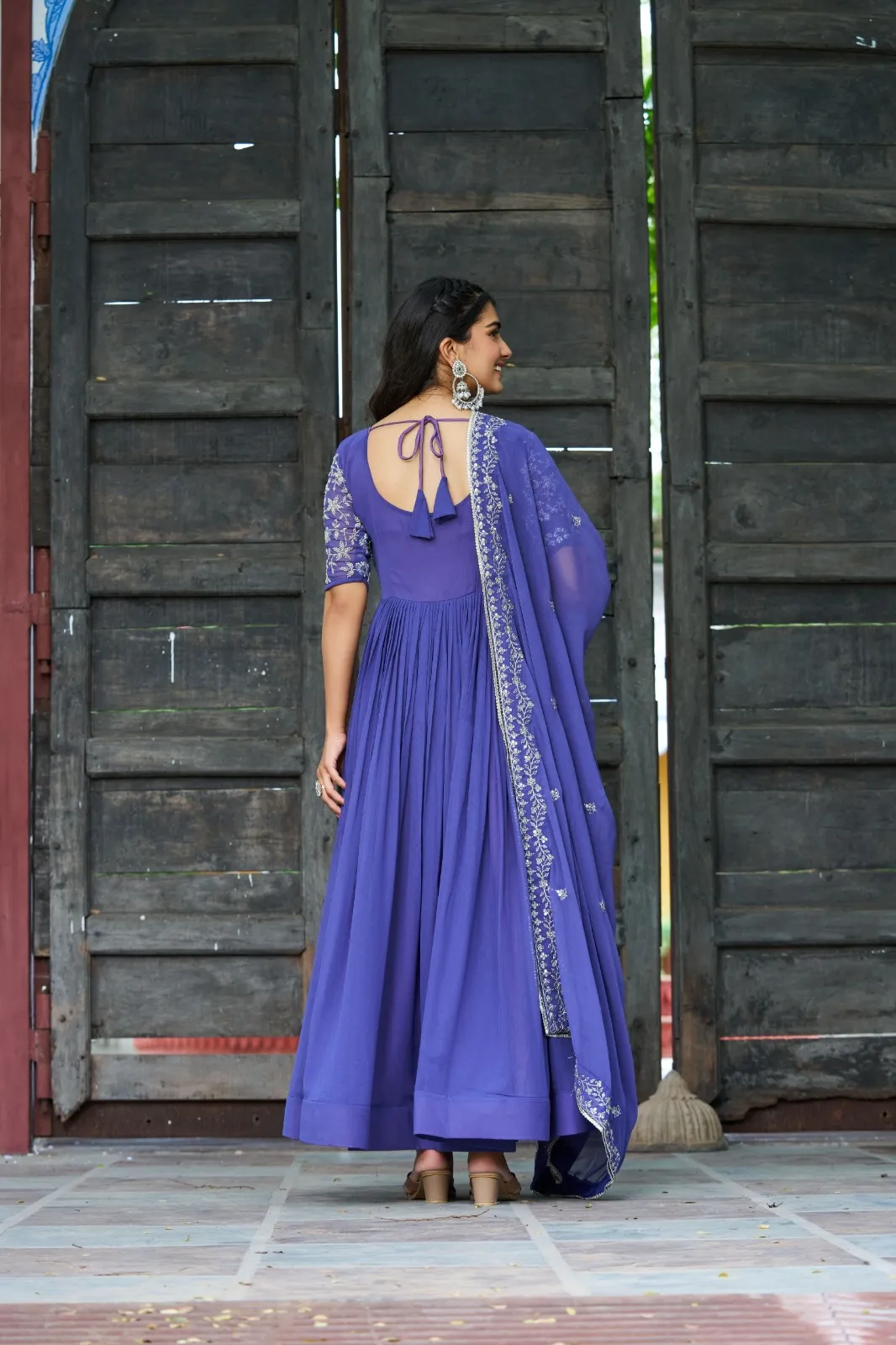 Royal Blue Beads work Gown with Dupatta for Party - Image 3