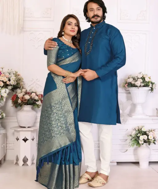 Royal Blue Color Couple Combo Saree with Kurta