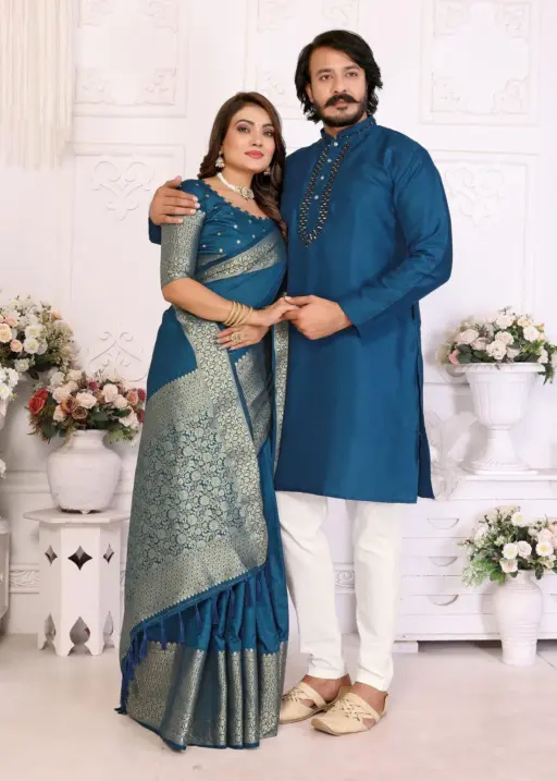 Royal Blue Color Couple Combo Saree with Kurta