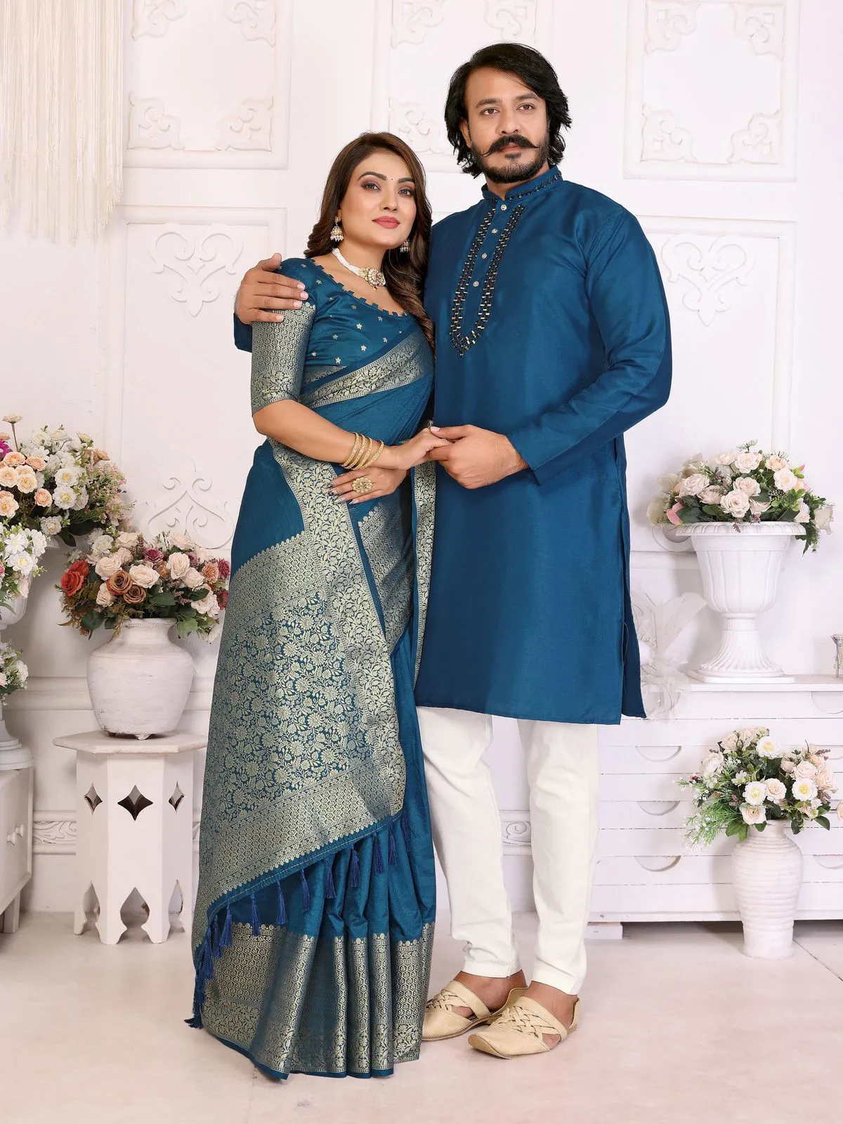 Royal Blue Color Couple Combo Saree with Kurta
