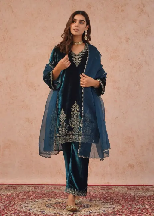 Royal Blue Velvet Pant salwar Suit for Wedding