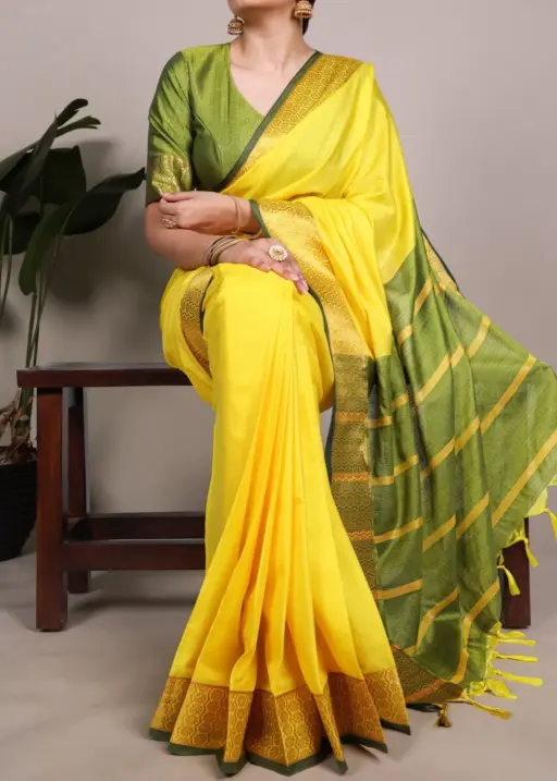 South Special Zari Border Haldi Yellow Saree
