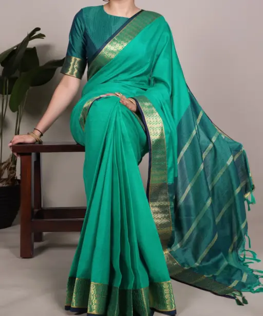 South Style Zari Weaving Green Color Saree