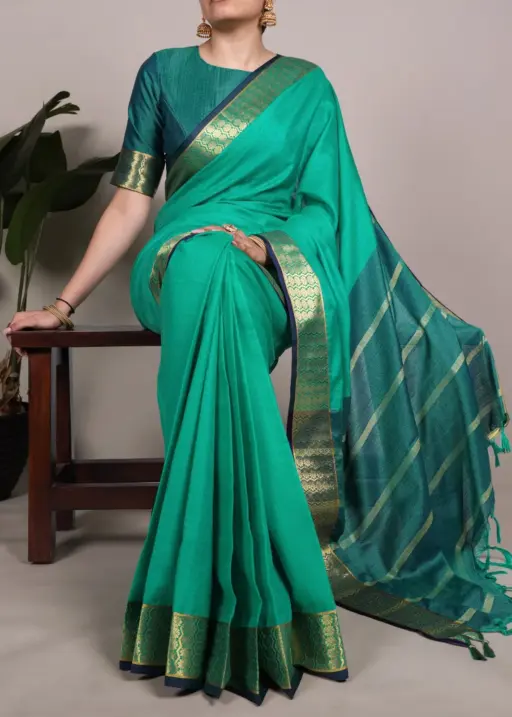 South Style Zari Weaving Green Color Saree