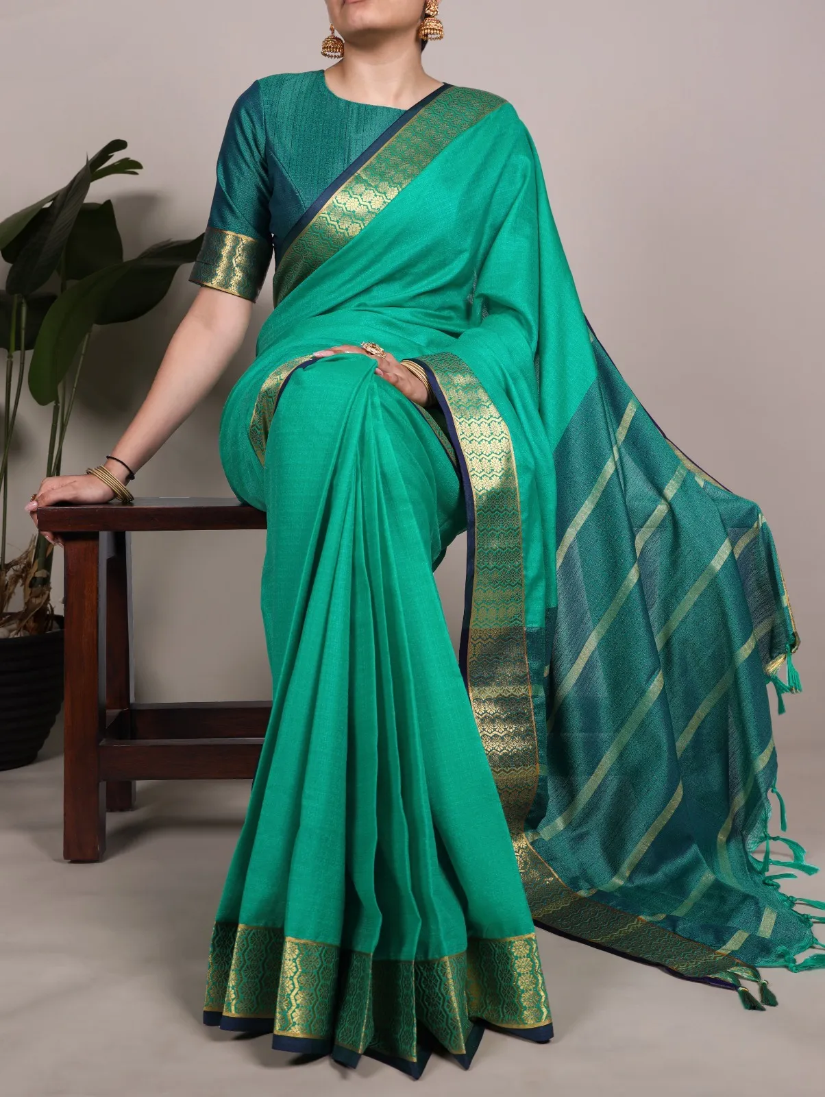 South Style Zari Weaving Green Color Saree