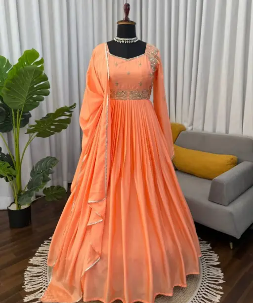 Stylish Neck Embroidery Orange Anarkali Suit Set