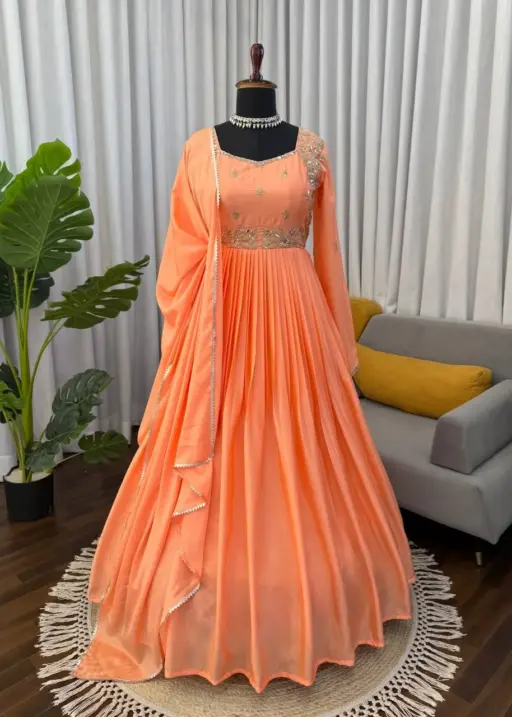 Stylish Neck Embroidery Orange Anarkali Suit Set