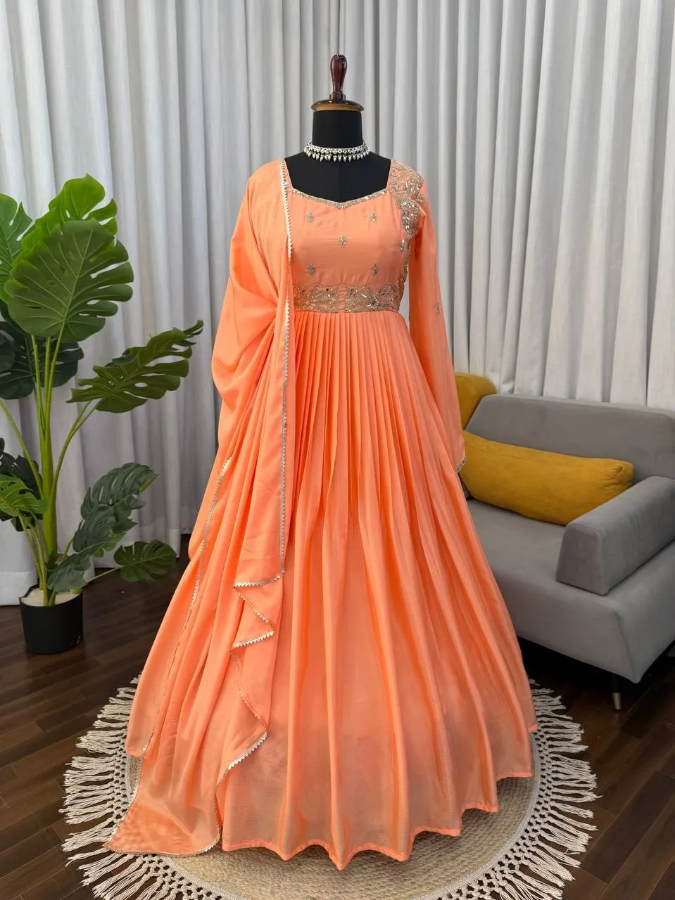 Stylish Neck Embroidery Orange Anarkali Suit Set