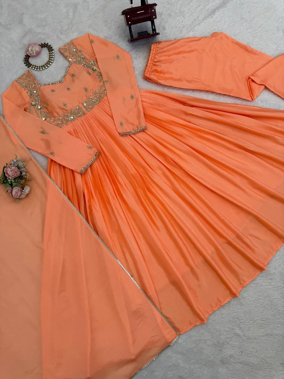 Stylish Neck Embroidery Orange Anarkali Suit Set - Image 2
