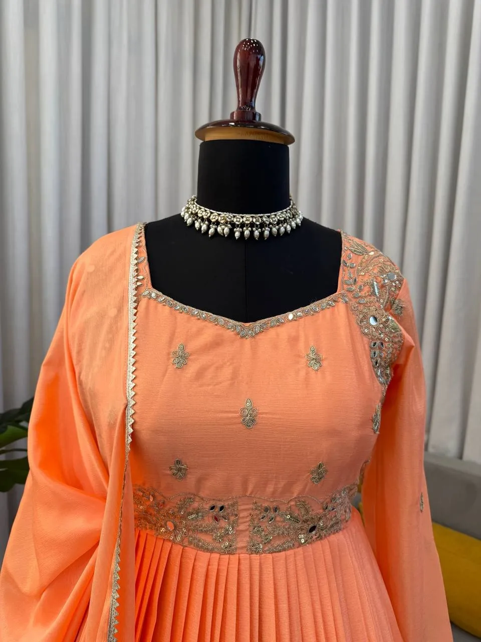 Stylish Neck Embroidery Orange Anarkali Suit Set - Image 3