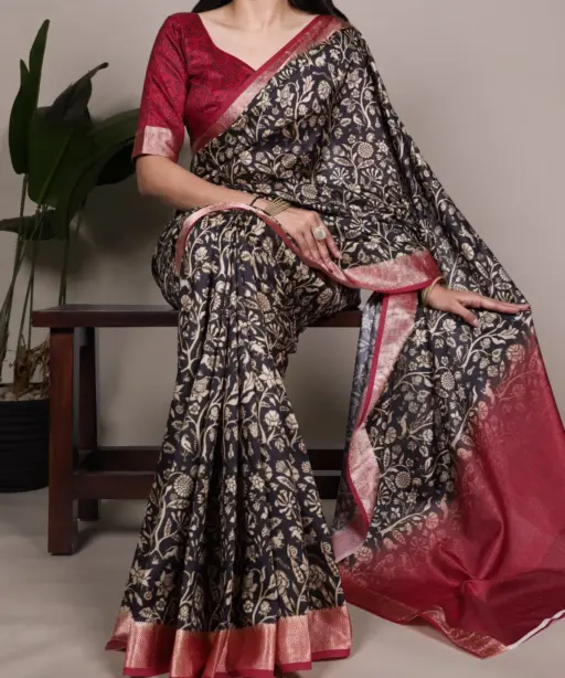 Tasar Silk Black Saree with Red Border Office Wear