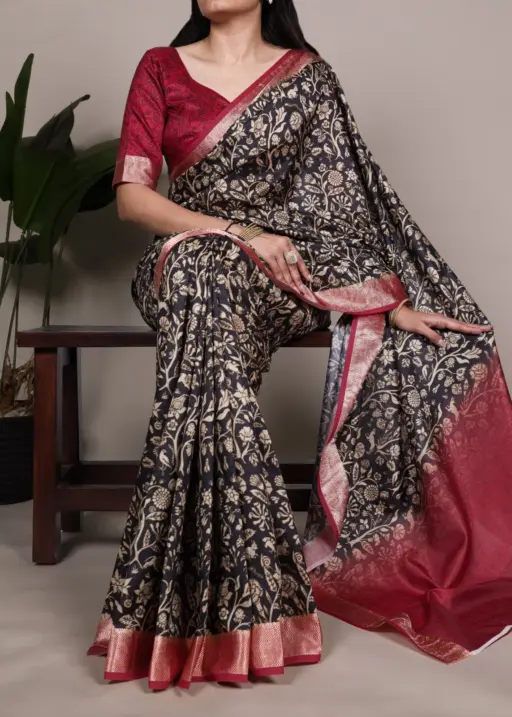 Tasar Silk Black Saree with Red Border Office Wear