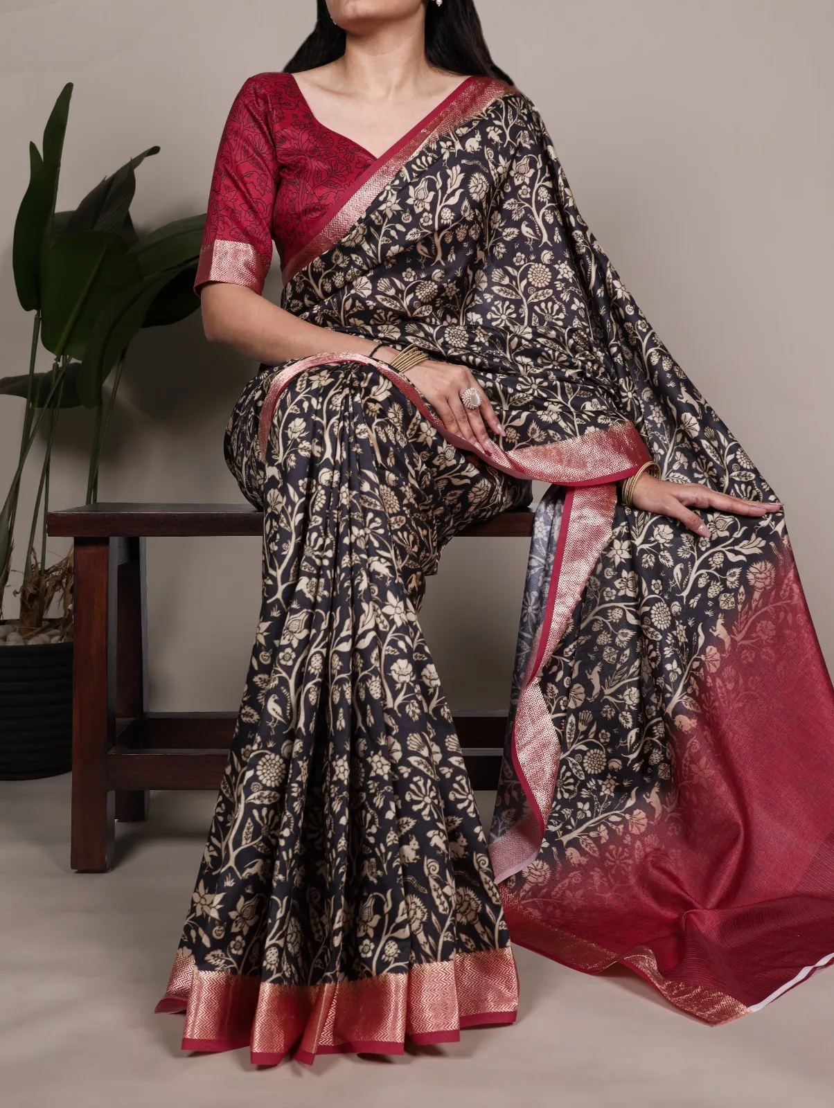 Tasar Silk Black Saree with Red Border Office Wear