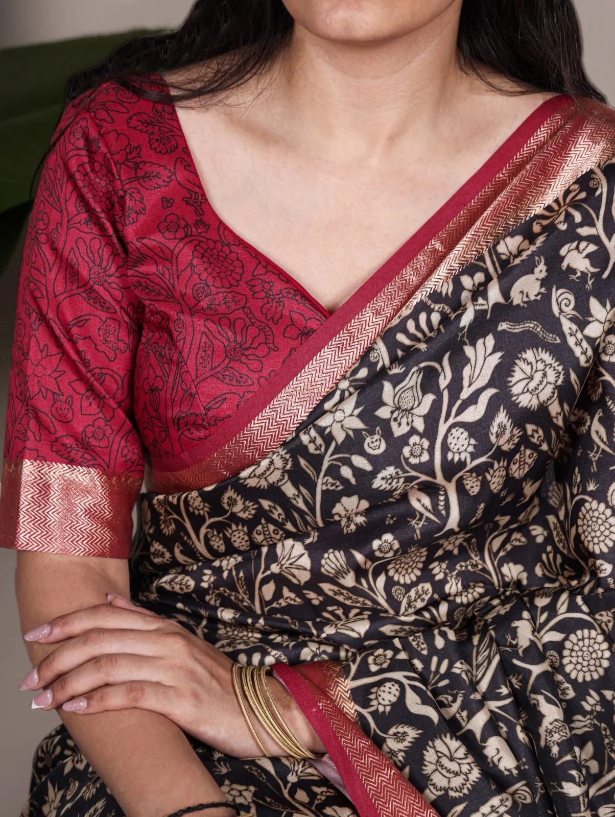 Tasar Silk Black Saree with Red Border Office Wear - Image 2