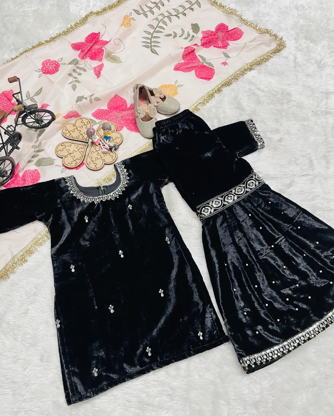 Velvet Sharara Salwar Suit for Small Girls - Image 2
