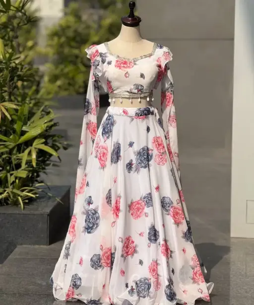 White Kalamkari Readymade Lehenga with Fancy Blouse