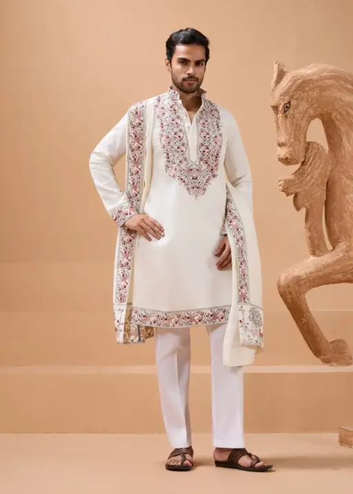 White Mens Kurta with Dupatta for Functional Wear