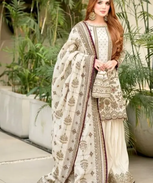 White Pakistani Readymade Sharara Salwar Set