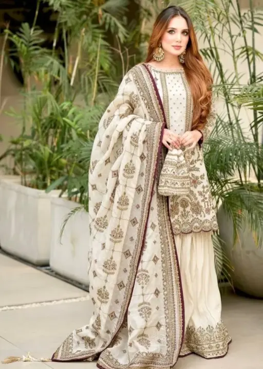 White Pakistani Readymade Sharara Salwar Set