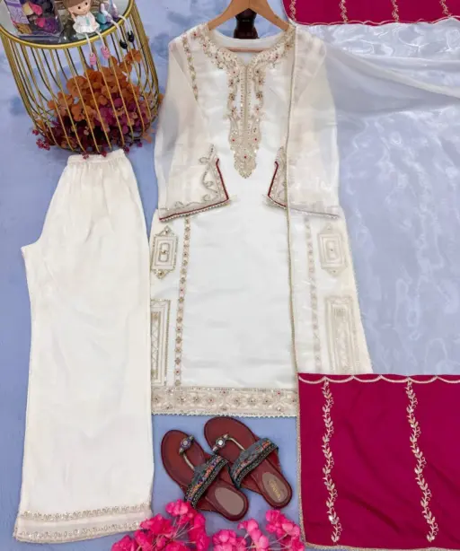White Pakistani Silk Straight Suit
