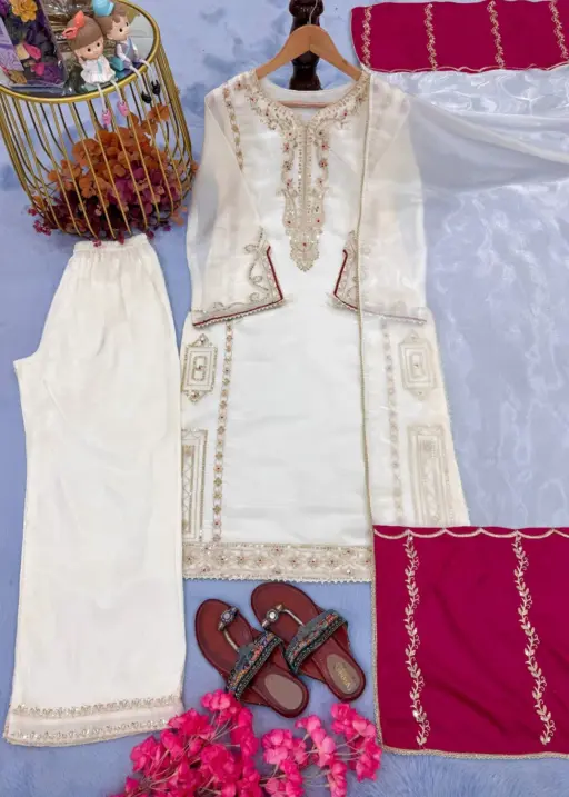 White Pakistani Silk Straight Suit