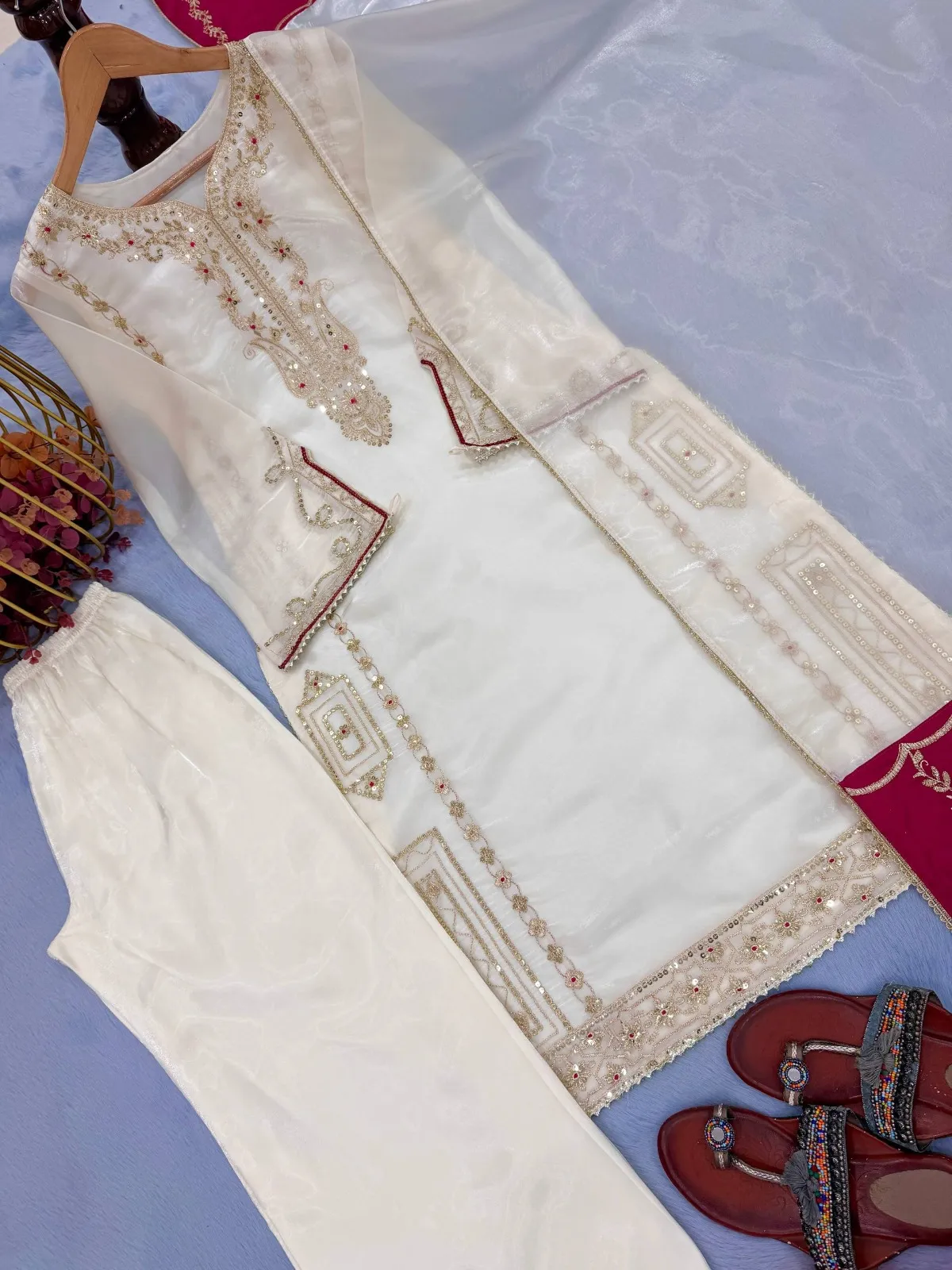 White Pakistani Silk Straight Suit - Image 2