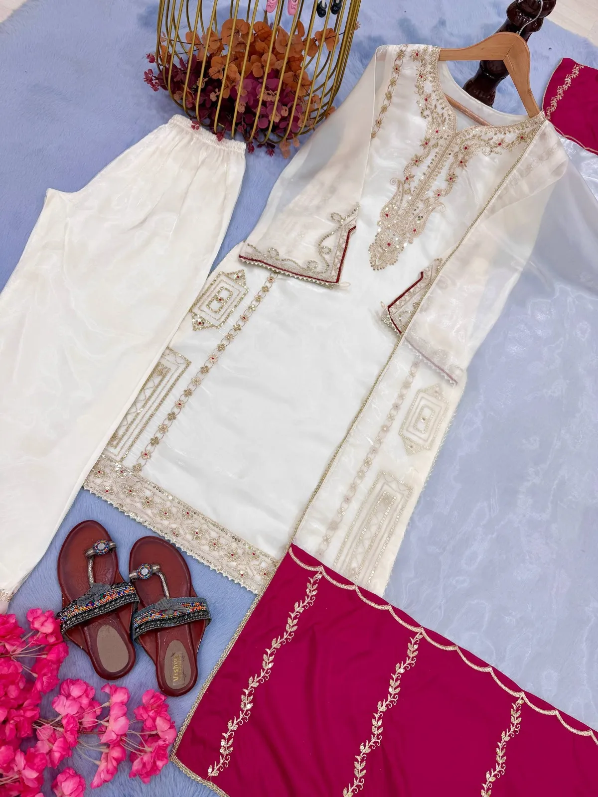 White Pakistani Silk Straight Suit - Image 3