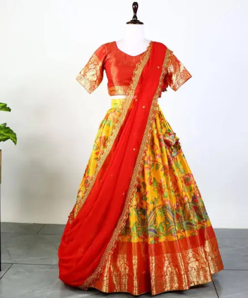 Yellow Kalamkari Printed Lehenga for Hadi Ceremony