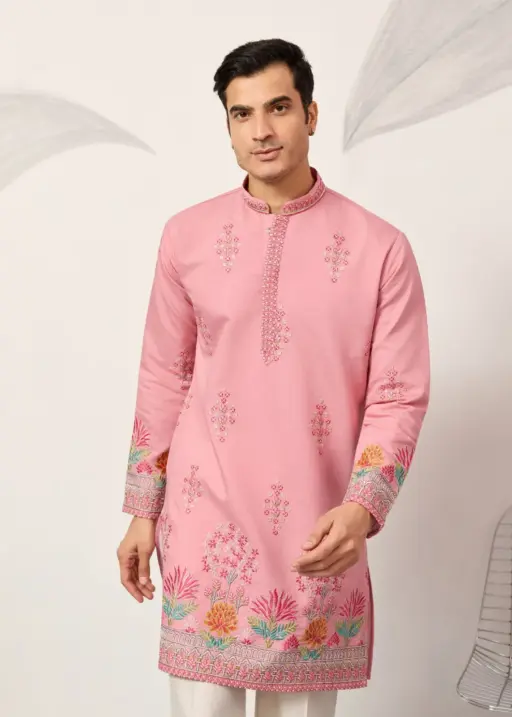 Baby Pink Festive Embroidery Men Kurta